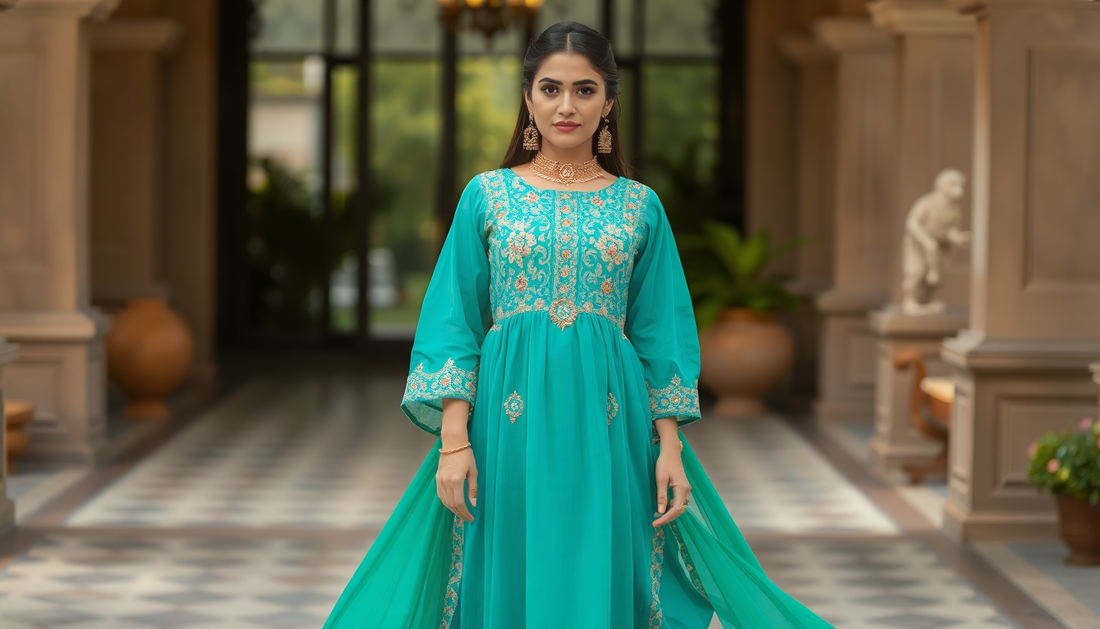 Elegant woman wearing turquoise traditional dress showcasing product description tips for apparel in fashion imagery