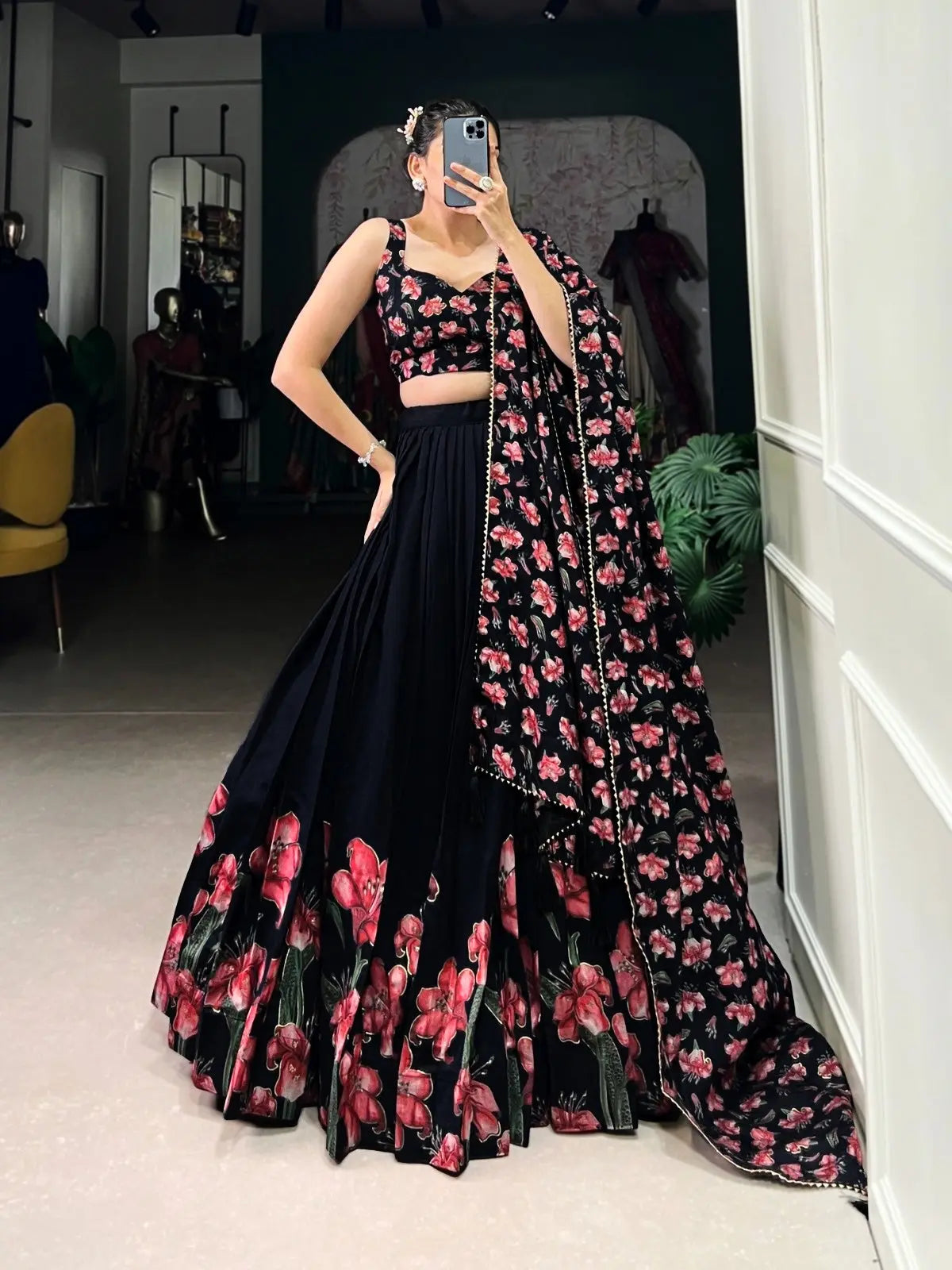 19231 Black Floral Lehenga Choli for Women