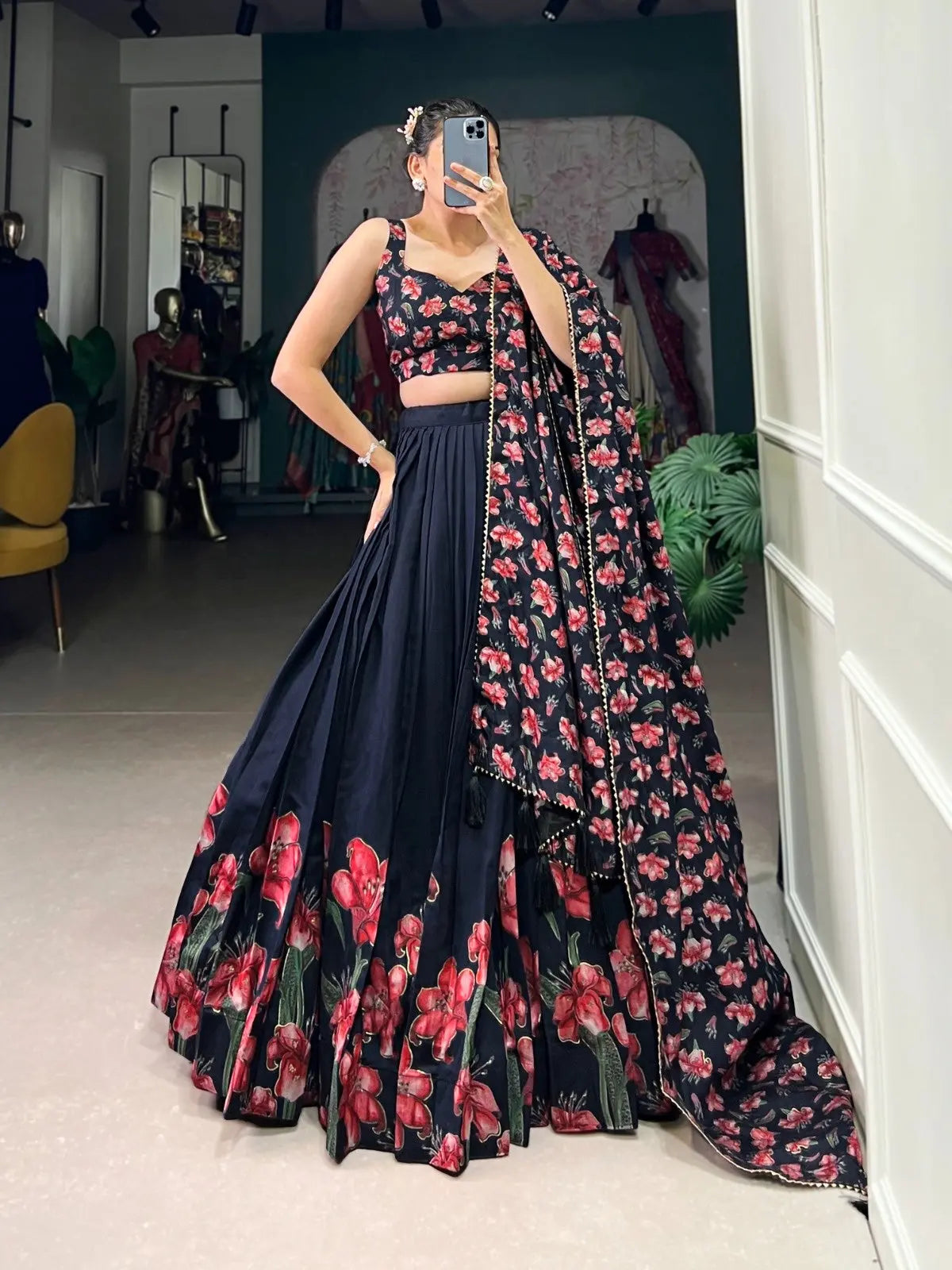 Elegant Black Floral Lehenga Choli Set for Women