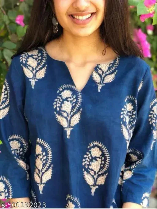 13374 Block Print Kurtis for Women - Stylish Navy Blue