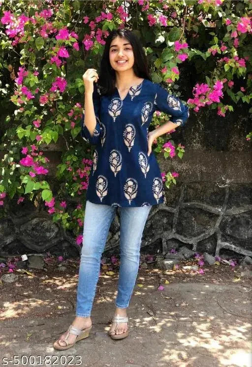 13374 Block Print Kurtis for Women - Stylish Navy Blue