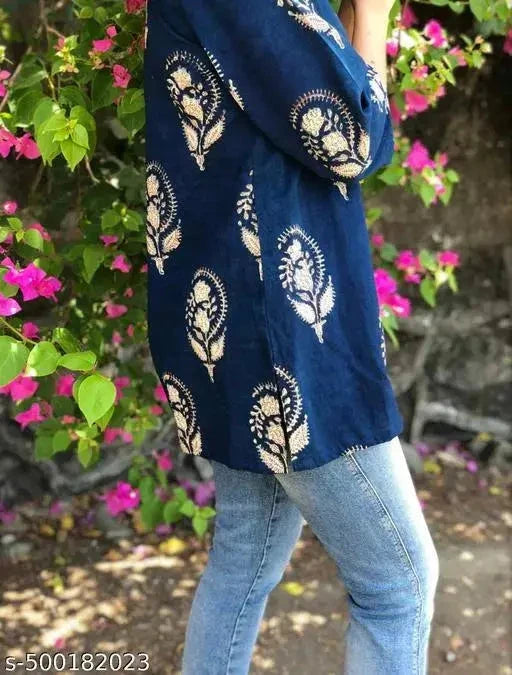 13374 Block Print Kurtis for Women - Stylish Navy Blue