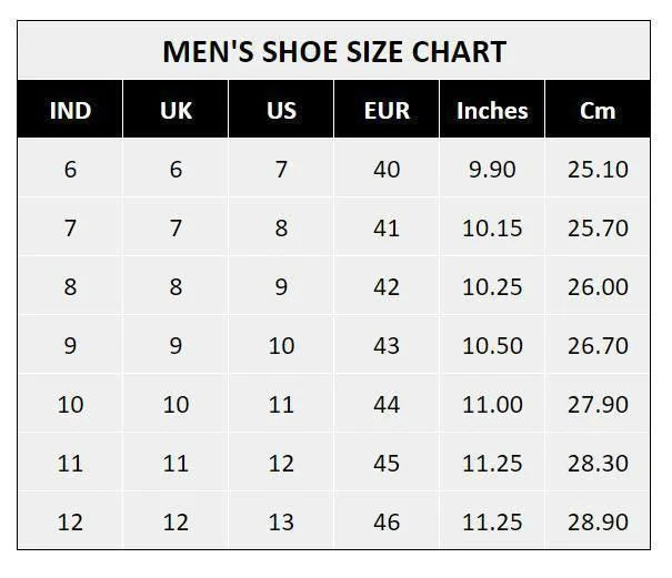 Men's shoe size chart showing UK US EUR sizes with inches and centimeters for casual black boots for men