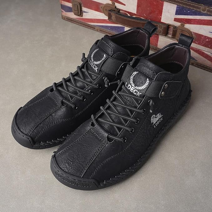 Casual black boots for men with stitched detailing and lace-up front by LDECK