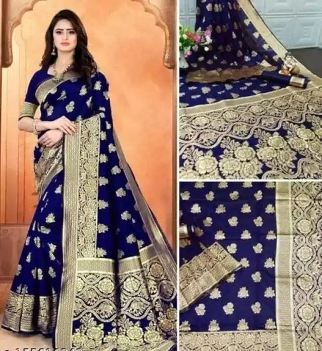 Navy blue womens saree with gold jacquard floral border and motifs black jacquard foil printed saree