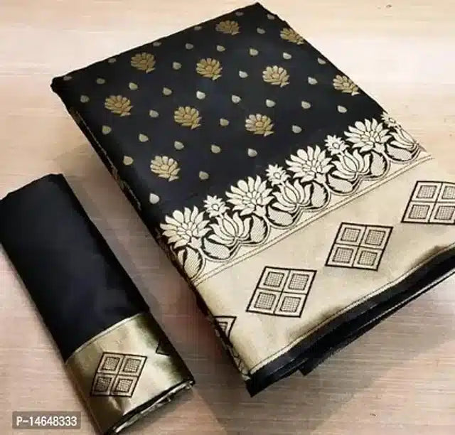 Black saree with gold floral motifs ornate gold border and matching blouse piece jacquard printed saree for women