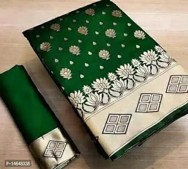Green silk jacquard printed saree for women with gold floral motifs and beige lotus geometric border