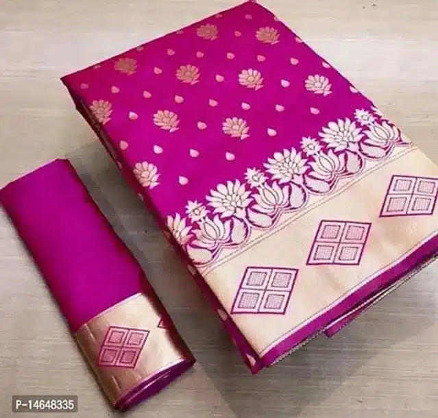 Magenta jacquard printed saree for women with gold floral motifs and zari border folded with matching blouse