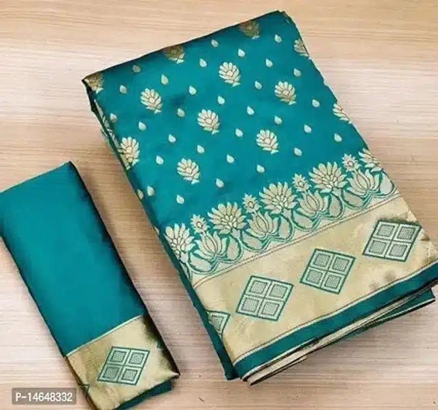 Teal green jacquard printed saree for women with gold floral motifs and matching blouse piece