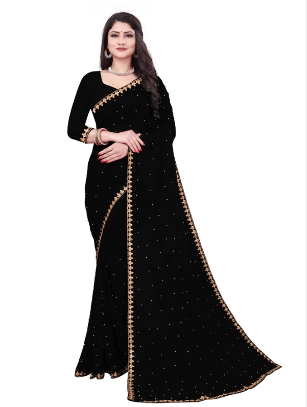 Model wearing a black designer saree for women with gold embroidered border and scattered stone embellishments