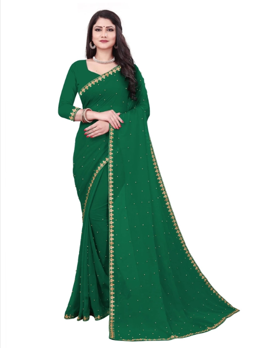 Woman modeling designer green saree online with gold border and small embroidered embellishments