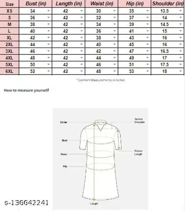 Size chart and measurement guide for designer rayon kurti for women showing bust waist hip shoulder and length in inches