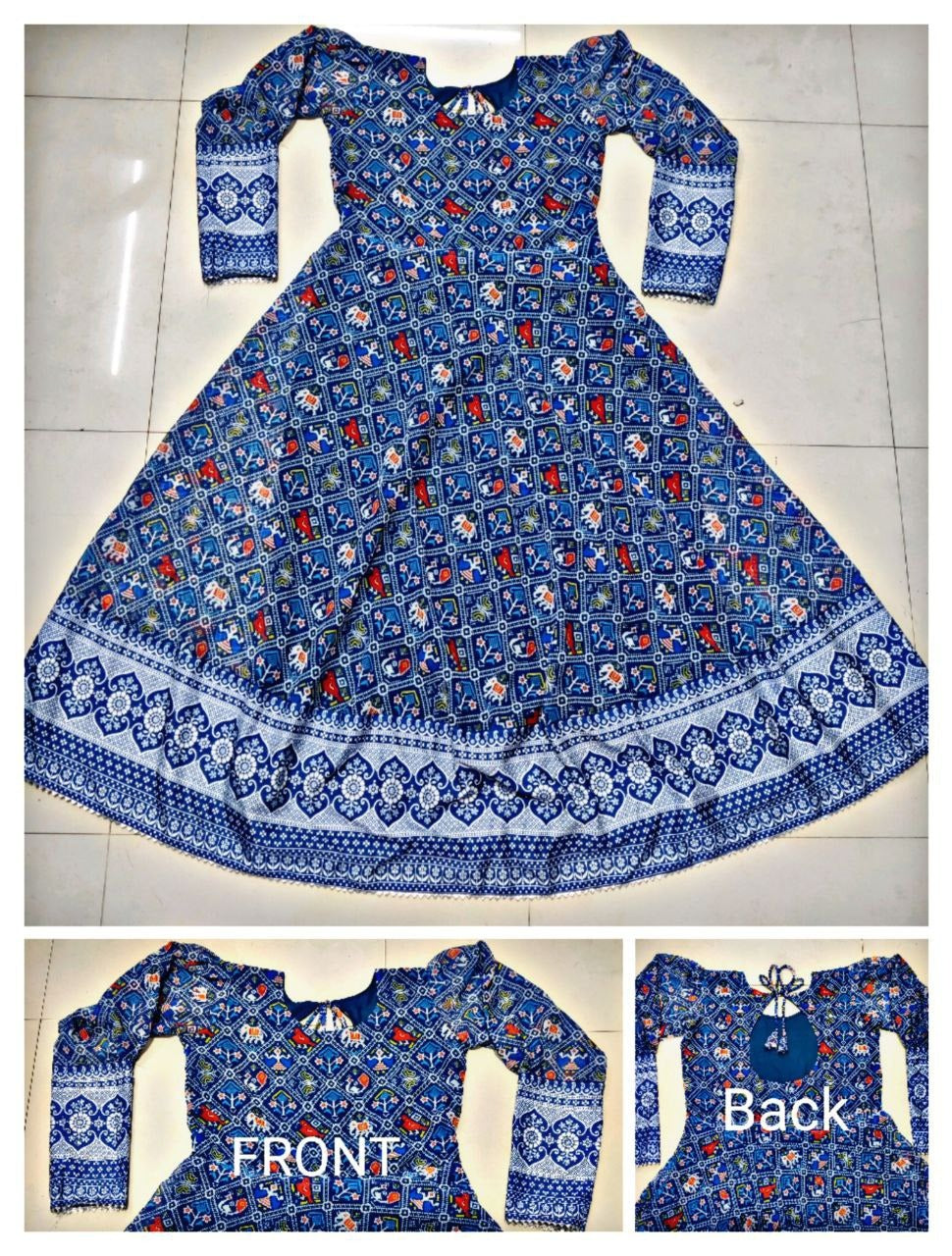 Blue floral printed georgette gown for women with long sleeves flared skirt and front and back views