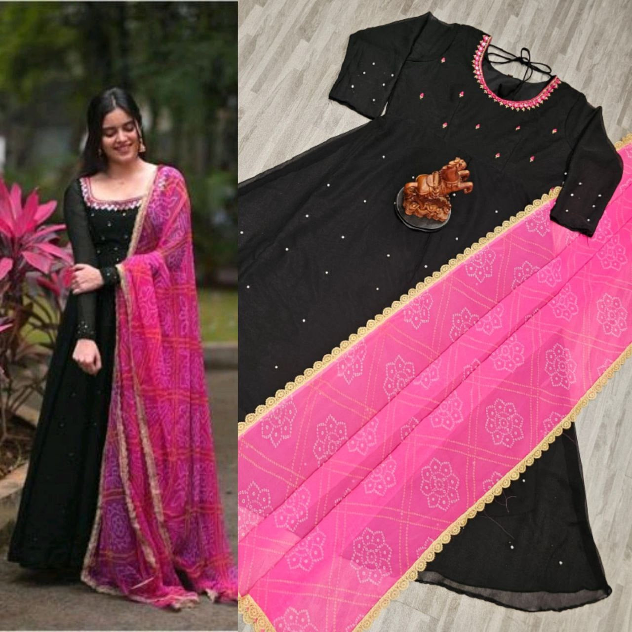 Black georgette gown kurta with dupatta featuring pink printed dupatta embroidered neckline long sleeves floor length
