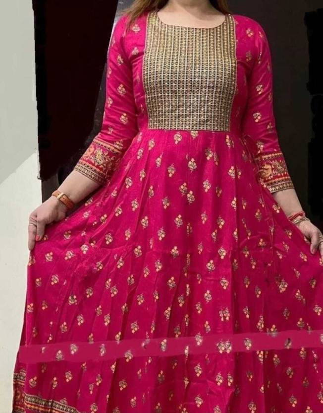 Pink rayon printed kurti for women with golden floral motifs and three-quarter sleeves