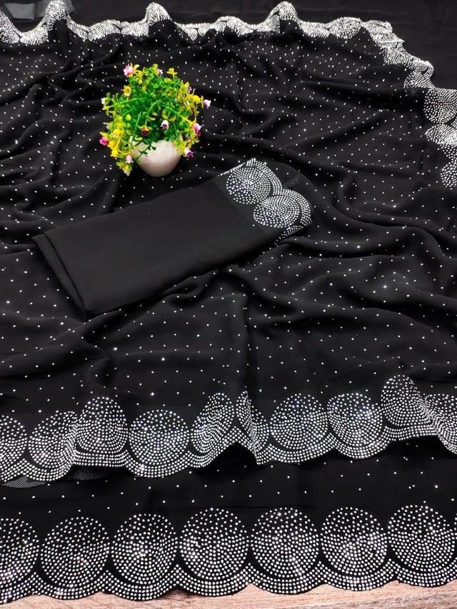 Black georgette saree with silver scalloped embellished border and dotted pattern vendor 6706 red georgette embellished saree