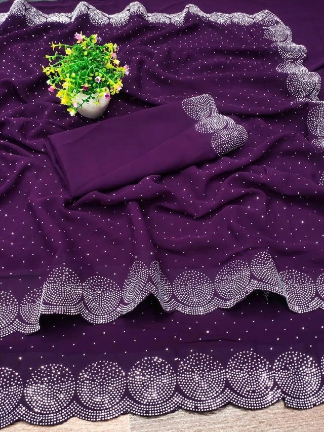 Purple georgette saree with white bead scalloped border shown for red georgette embellished saree listing