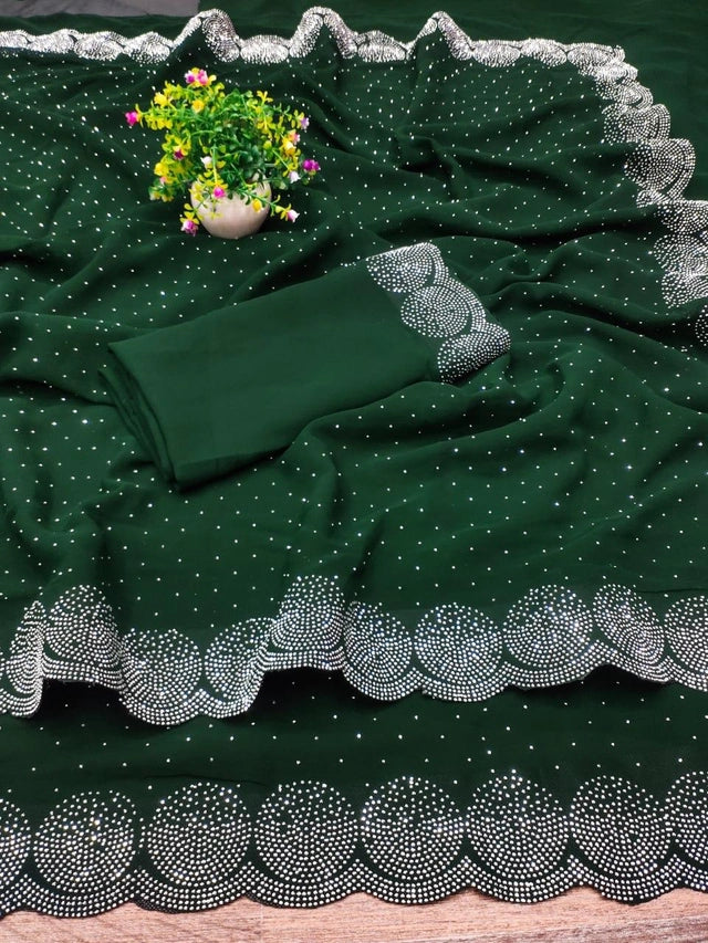 Dark green georgette saree with silver scalloped embellished border and scattered sequins red georgette embellished saree