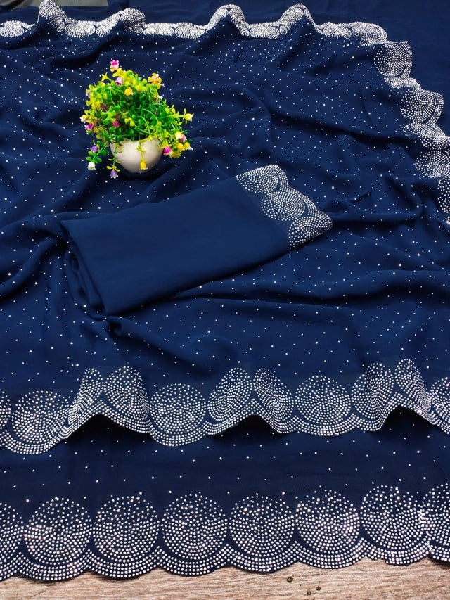 Dark navy georgette saree with silver dotted scallop border and matching blouse piece, red georgette embellished saree