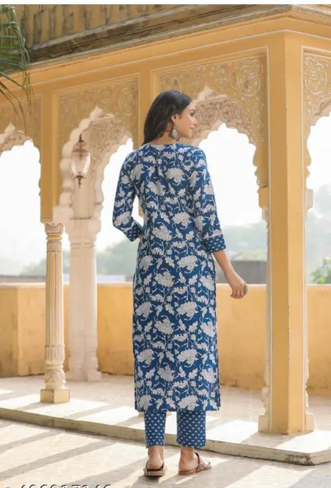 Blue floral print womens round neck kurta with pants set featuring three quarter sleeves and straight pants