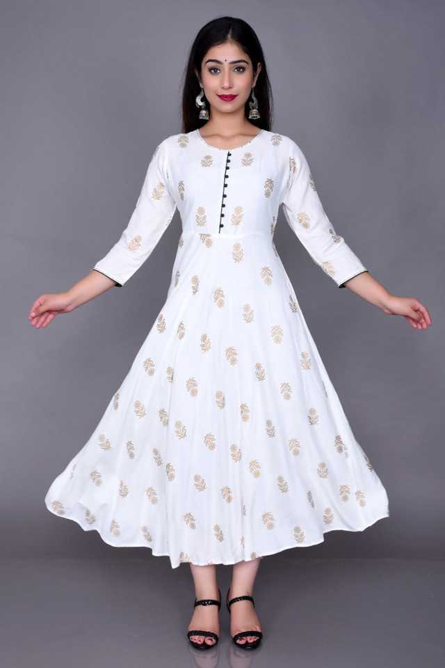 1497 White Rayon Kurti for Women with Floral Print