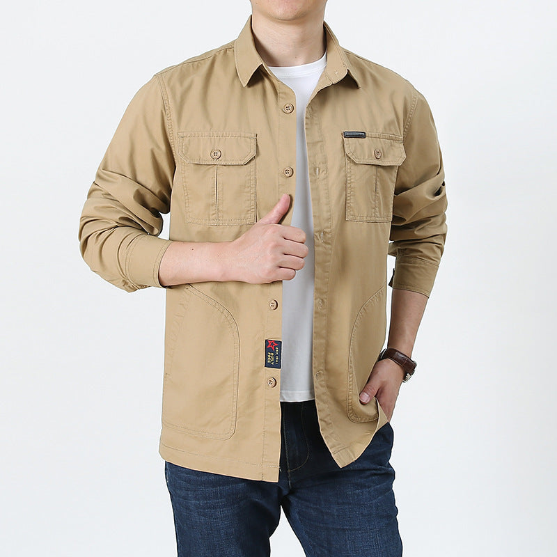 Khaki mens lightweight button up shirt long sleeve with chest pockets styled over white tee
