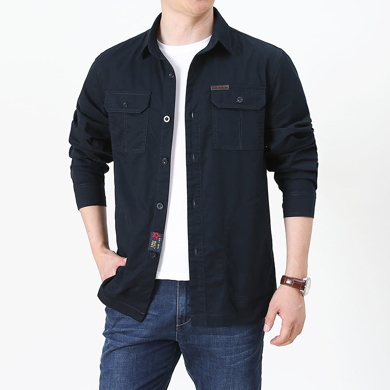 mens lightweight button up shirt navy long sleeve worn open over white tee with chest pockets