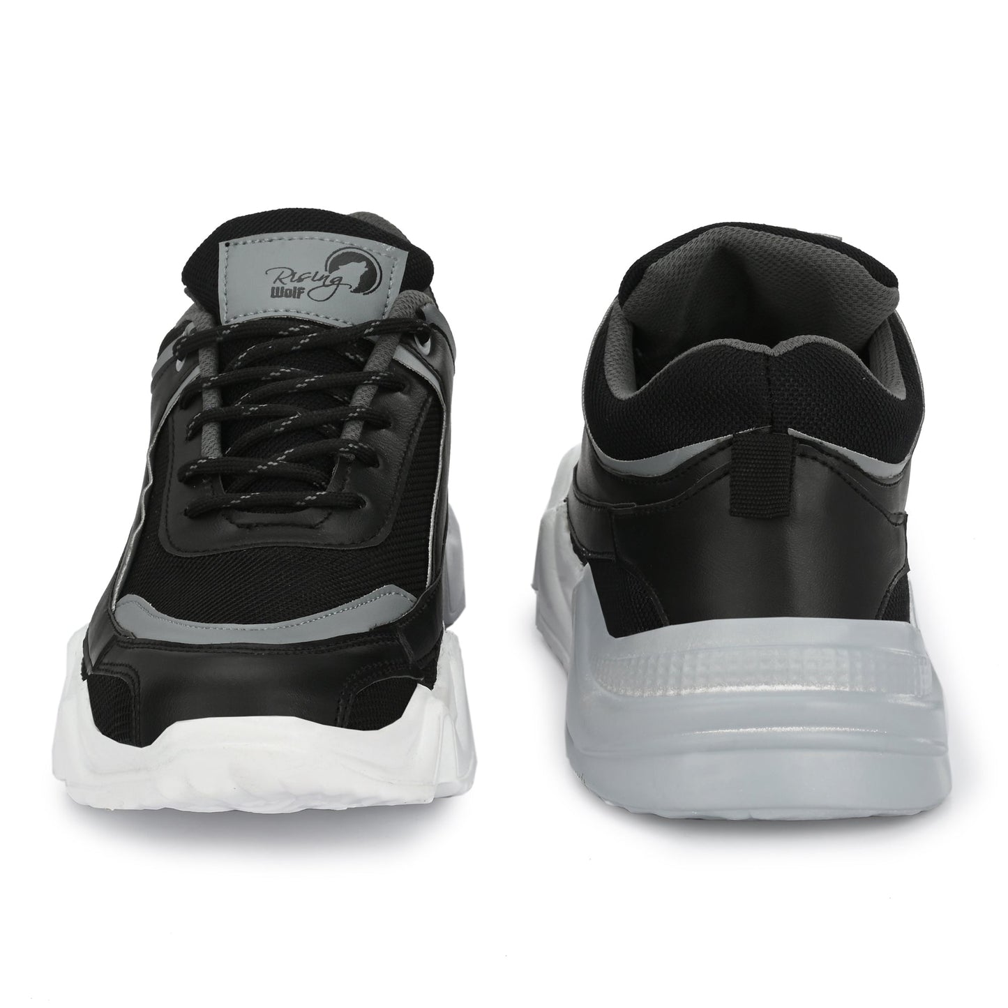 Black and grey sport shoes for men with thick white soles designed for sports activities