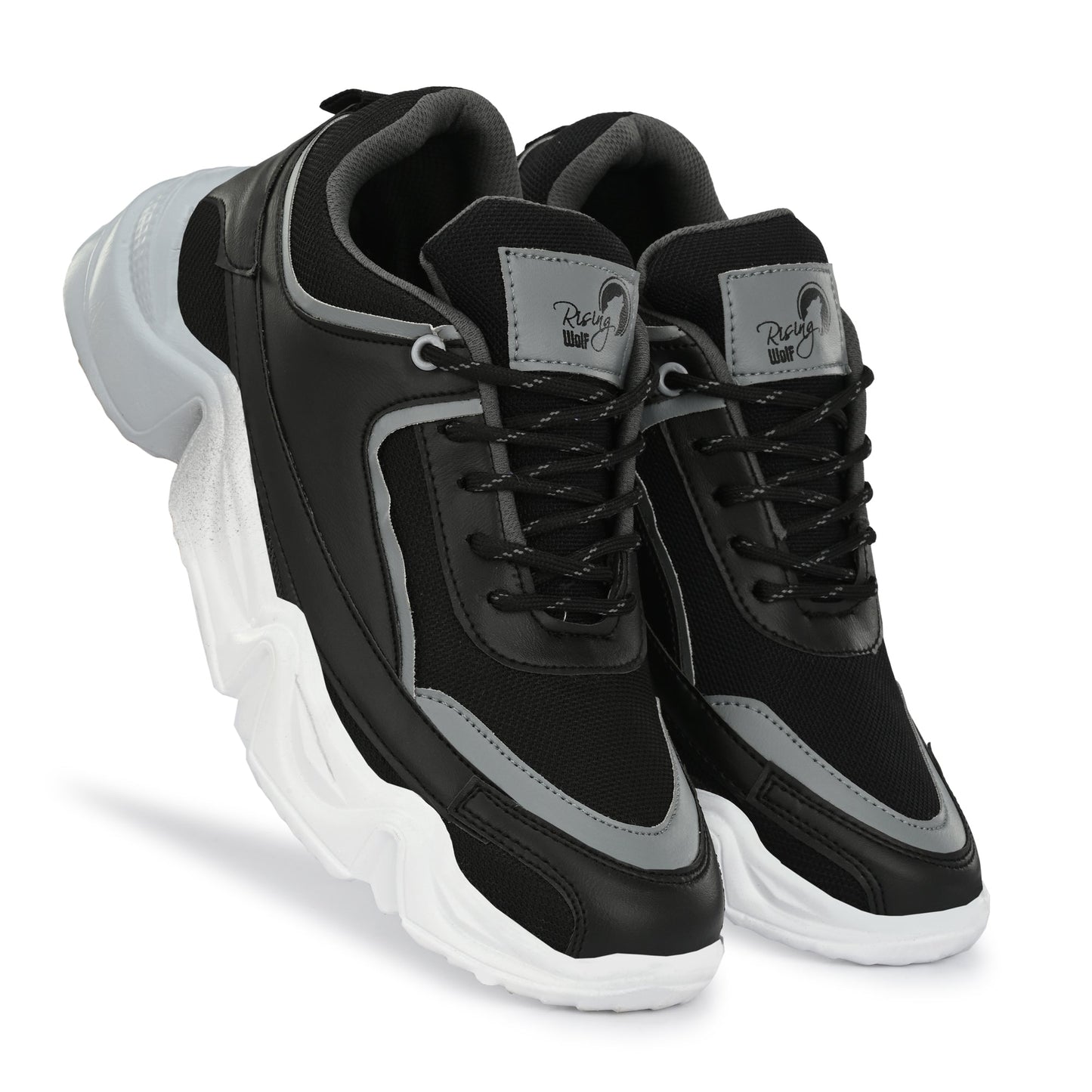 Black and grey sport shoes for men with white chunky sole and lace-up design