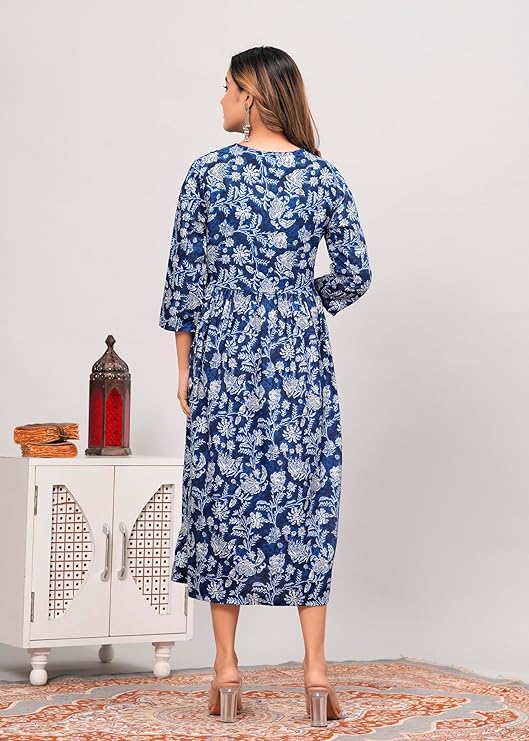 Back view of a woman wearing a blue and white printed kurti for women with full sleeves and floral design