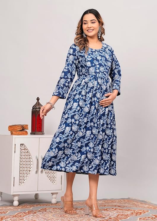 Blue floral printed kurti for women with three-quarter sleeves and a comfortable fit