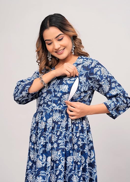 Woman wearing blue and white printed kurti for women with floral design and three-quarter sleeves