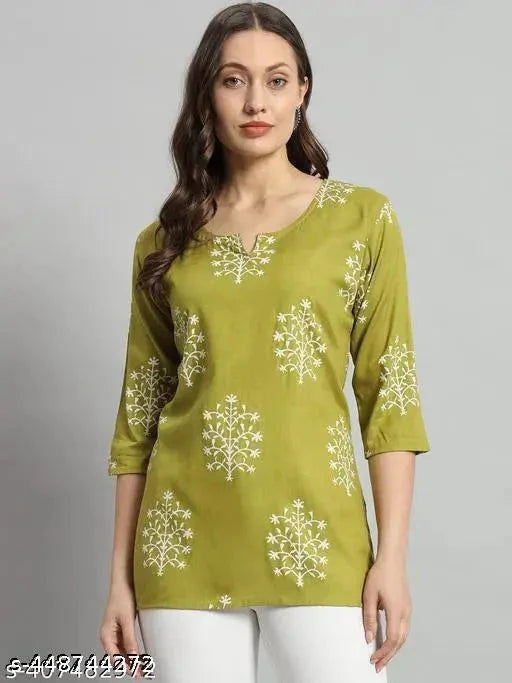 13374 Printed Rayon Green Kurti for Women