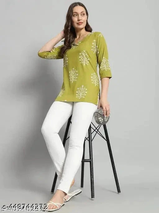 13374 Printed Rayon Green Kurti for Women