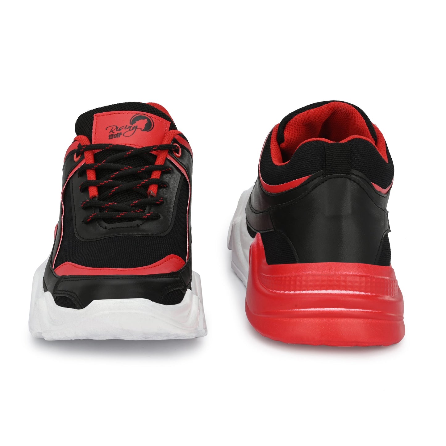Red sports shoes for men with black accents and cushioned white and red soles for comfort