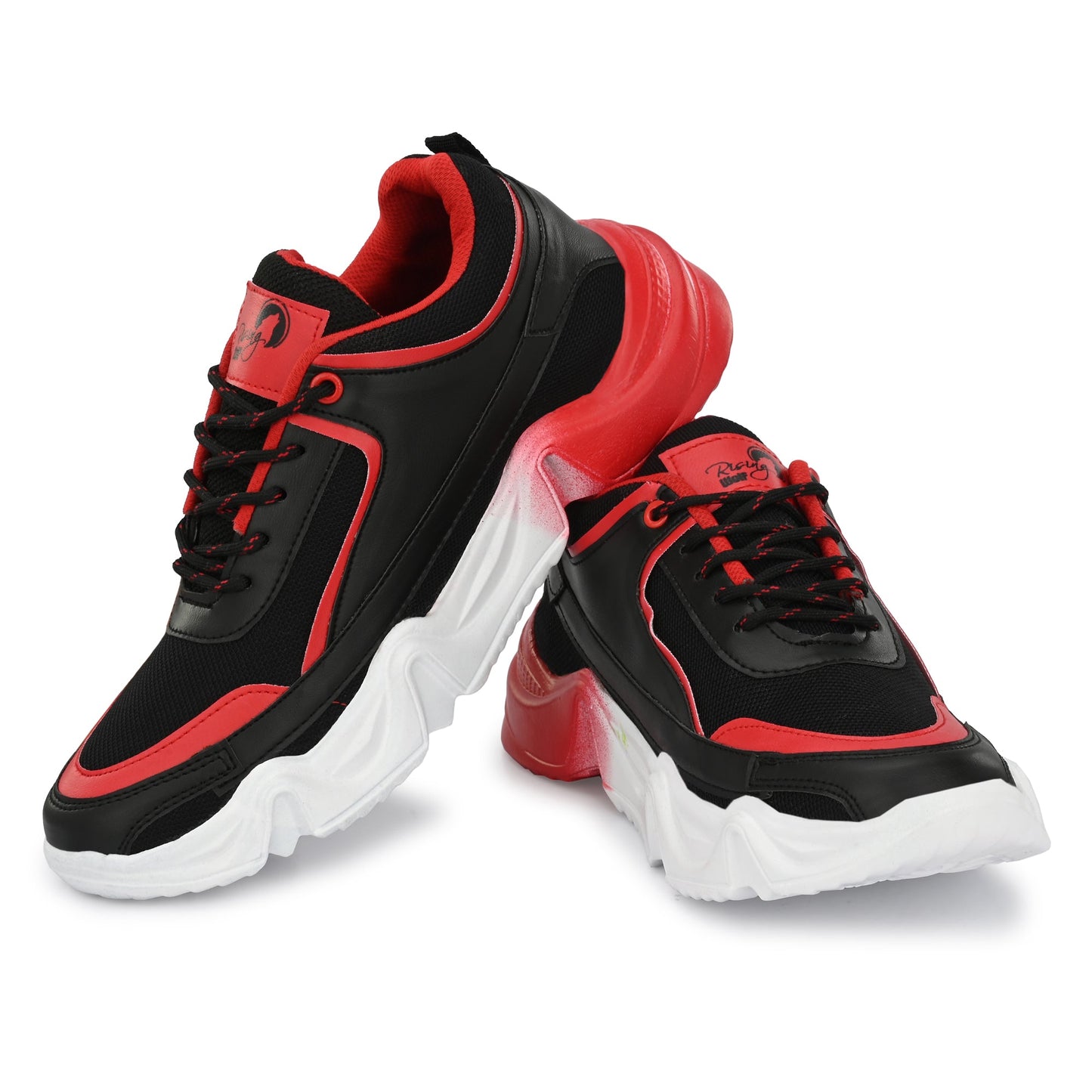 Red sports shoes for men with black accents and thick white sole for athletic performance
