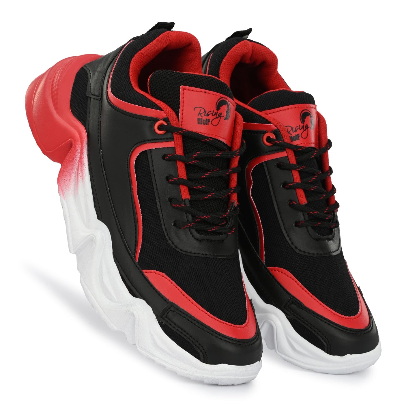 Red sports shoes for men with black mesh and leather upper and thick white sole