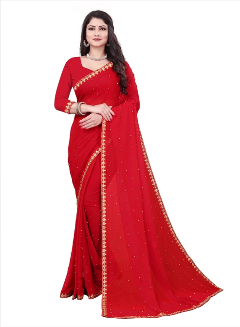 red saree for women elegant embellished georgette saree with gold beaded border and three quarter sleeve blouse