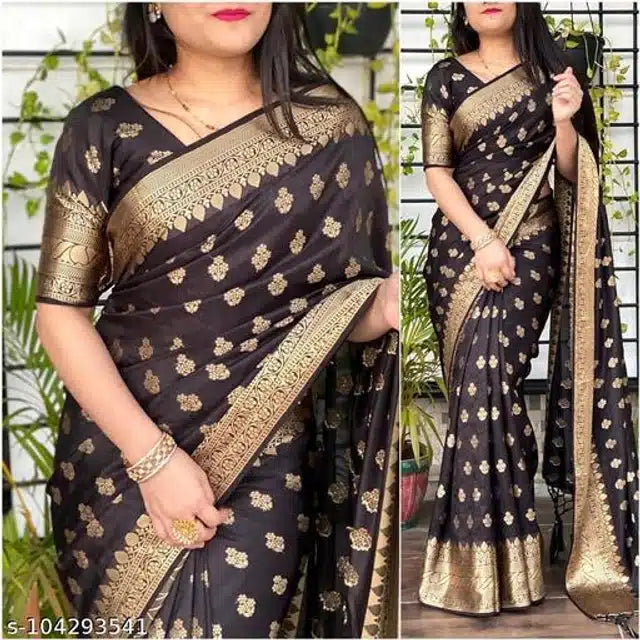 Black Banarasi silk saree with blouse featuring gold brocade motifs and wide zari border