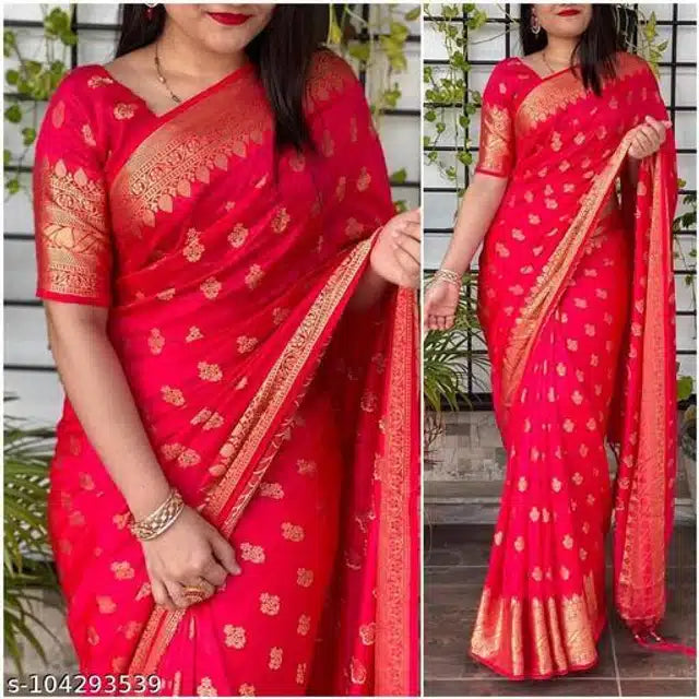 Red Banarasi silk saree with blouse featuring gold zari floral motifs and wide ornate border on model