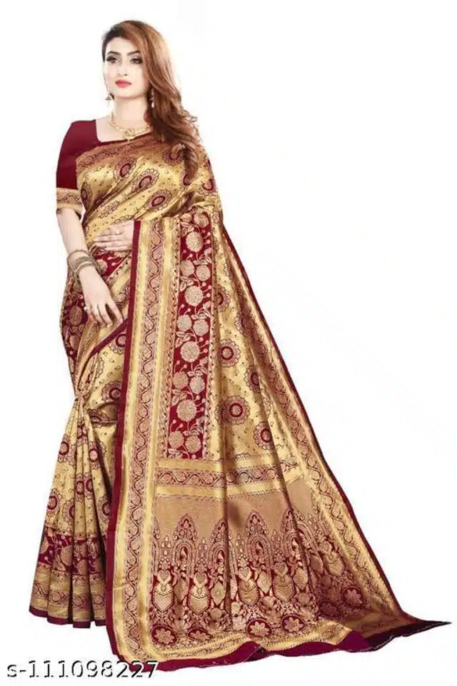 Banarasi silk saree with blouse gold and maroon ornate zari floral motifs draped on model for festive wear