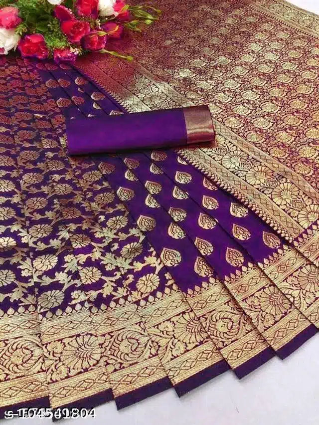 Banarasi silk saree with blouse purple silk saree with gold zari floral motifs and matching blouse piece