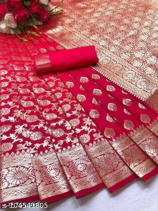 Red Banarasi silk saree with blouse featuring gold zari floral and paisley motifs and matching blouse piece