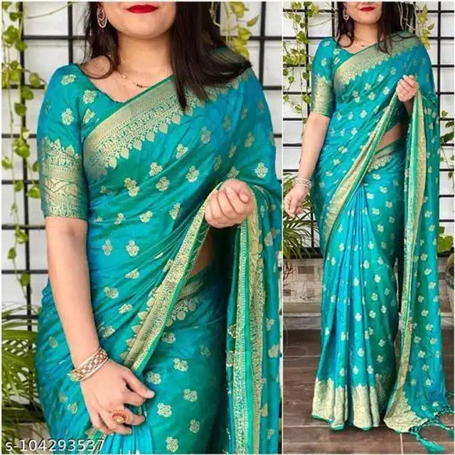 Teal Banarasi silk saree with blouse featuring gold zari floral motifs and matching elbow length blouse