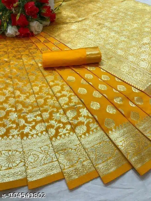 Mustard yellow Banarasi silk saree with blouse piece featuring intricate gold zari floral and border work for women