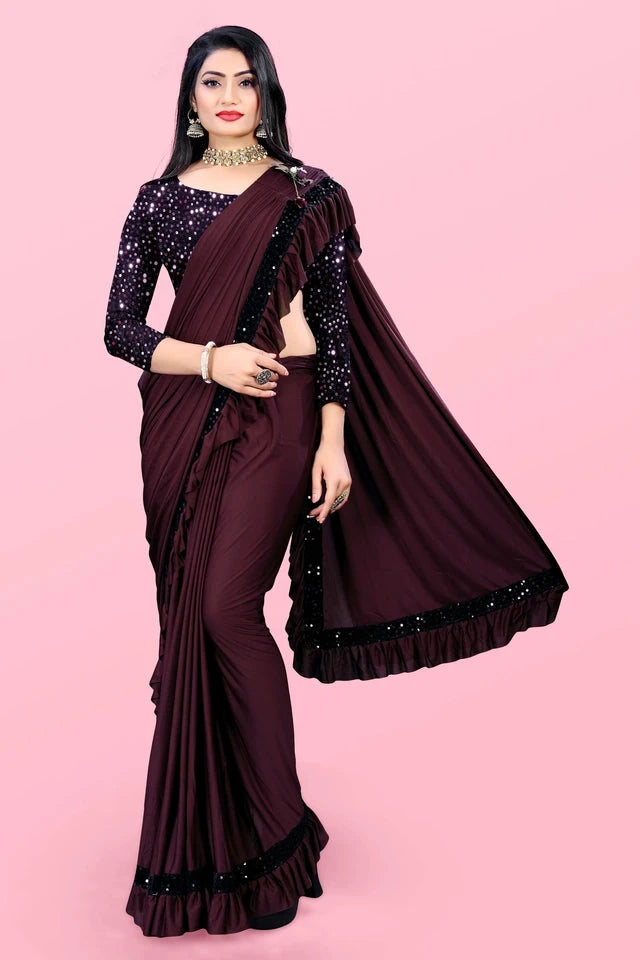 Elegant maroon affordable party wear saree for women with sequin blouse and ruffle border