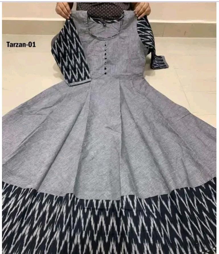 grey cotton gown for women with round neckline buttoned bodice and black white ikat hem and sleeves