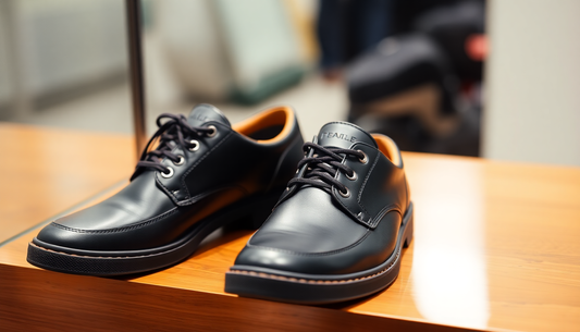 Pair of black leather shoes on wooden surface representing best casual shoes for men 2025 style