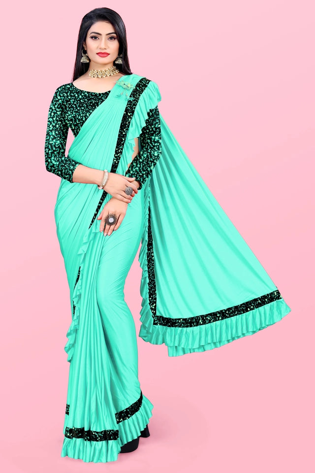 Affordable party wear saree for women in light blue with black sequined blouse and border detail