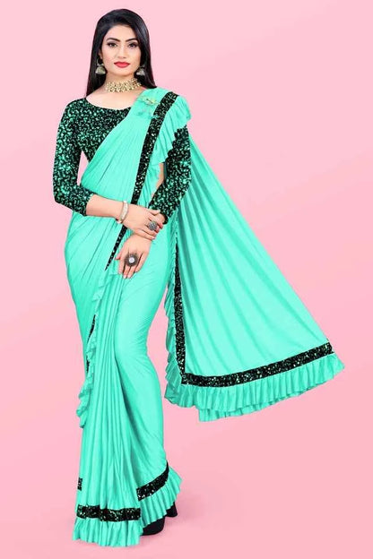 Affordable party wear saree for women in light blue with black sequined blouse and border detail